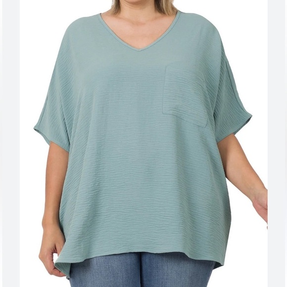 Zenana Outfitters Tops - Zenana V Neck Woven Airflow Dolman Short Sleeve 3X Blue Grey